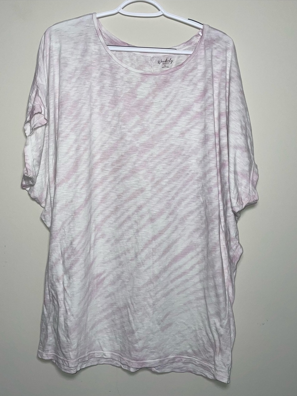 Wonderly L Light Pink White Tie Dye Cotton Modal Blend Dolman Sleeve Tee